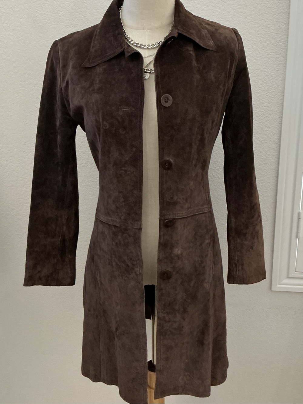 Women's Dark Brown Suede Button-Front Leather Jacket - Picture 2 of 10